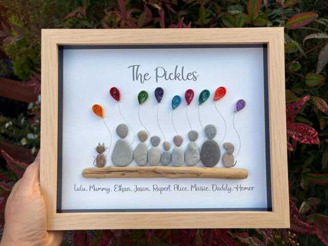 Personalized Family Pebble Art Picture Custom Driftwood & Quilled Balloons - image 1