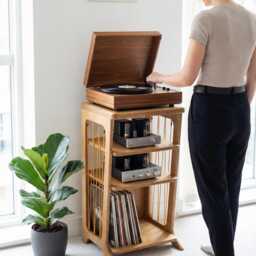 Mid Century Record Player Stand, Plywood Turntable Stand With Vinyl Storage, Handmade UK Audio Furniture - thumbnail 3