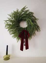 20 Inch/50cm Realistic Norfolk Pine Christmas Wreath Burgundy Velvet Ribbon Bells - thumbnail 1