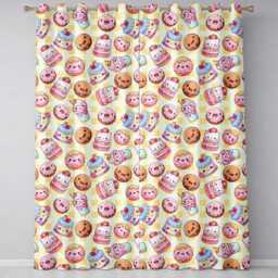 Cute Kawaii Donut Cake Dessert Yellow Gingham Seamless Pattern Readymade Eyelet Ring Top Thermal 100% Blackout Curtains - thumbnail 2