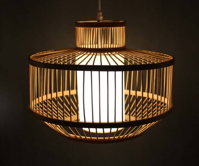 Natural Bamboo Pendant Light White Parchment Lampshade - image 1