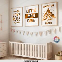 Baby Boys Print Set - 3 Posters - Little Man Cave Room Decor Bedroom Prints Playroom Poster Gift Orange Boyhood Wall Art - thumbnail 2
