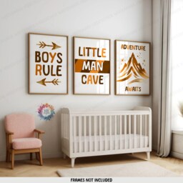 Baby Boys Print Set - 3 Posters - Little Man Cave Room Decor Bedroom Prints Playroom Poster Gift Orange Boyhood Wall Art - thumbnail 1