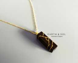 Kintsugi Bog Oak Bar Necklace Gold Inlay, 5Th Anniversary Gift - thumbnail 1
