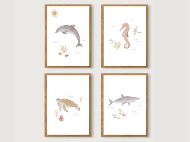 Sea Creatures Poster Set A4 - Print Children's Nursery Child Illustration Fish Animals Shark Turtle -- Heart & Paper - image 1