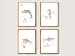 Sea Creatures Poster Set A4 - Print Children's Nursery Child Illustration Fish Animals Shark Turtle -- Heart & Paper - thumbnail 1