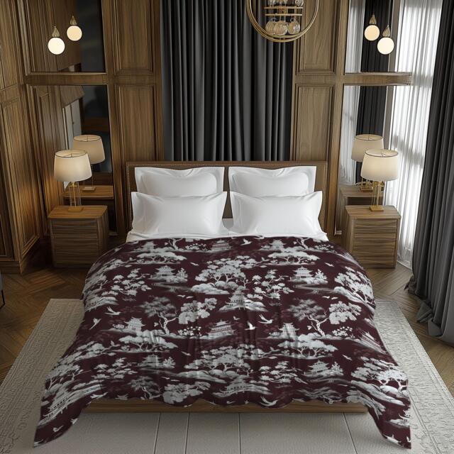Dark Burgundy Chinoiserie Comforter, Eclectic Maximalist Bedding, Japandi Moody Bedding For Elegant Bedroom Decor #100 - image 1