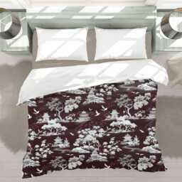 Dark Burgundy Chinoiserie Comforter, Eclectic Maximalist Bedding, Japandi Moody Bedding For Elegant Bedroom Decor #100 - thumbnail 3