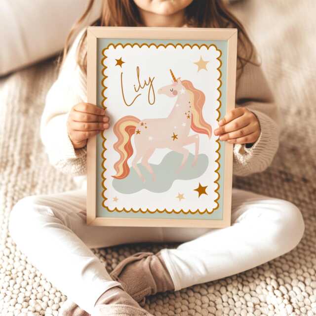 Personalised Unicorn Name Print, Peach Pink & Green, Poster, Girl Nursery Decor, Teen Tween Bedroom Fairytale Decor - image 1