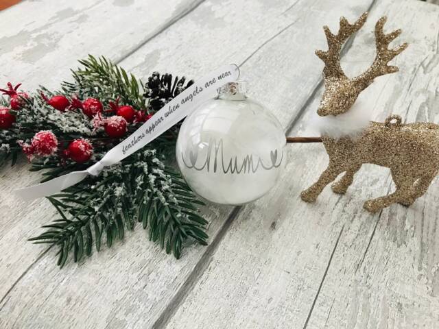 Personalised Christmas Bauble Memorial Bauble, Feathers Ornament, White Feathers Decoration - image 1