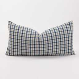Blue Gingham Plaid Cotton Throw Pillow Cover, Bamboo Reverse - thumbnail 1