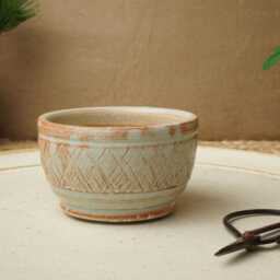 Handmade Green Orange Mame Bonsai Pot. 8cm Diameter, 5.5cm High. G2591 - thumbnail 2