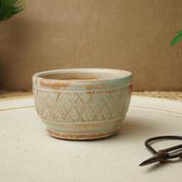 Handmade Green Orange Mame Bonsai Pot. 8cm Diameter, 5.5cm High. G2591 - thumbnail 3