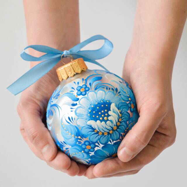 Petrykivka Hand Painted Silver Bauble, Ukraine Christmas Ornaments, Blue Glass Ornament, Home Decor, Gift Idea - image 1
