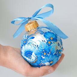 Petrykivka Hand Painted Silver Bauble, Ukraine Christmas Ornaments, Blue Glass Ornament, Home Decor, Gift Idea - thumbnail 3
