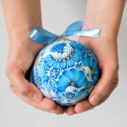 Petrykivka Hand Painted Silver Bauble, Ukraine Christmas Ornaments, Blue Glass Ornament, Home Decor, Gift Idea - thumbnail 4