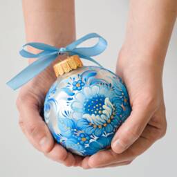 Petrykivka Hand Painted Silver Bauble, Ukraine Christmas Ornaments, Blue Glass Ornament, Home Decor, Gift Idea