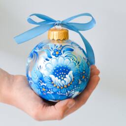 Petrykivka Hand Painted Silver Bauble, Ukraine Christmas Ornaments, Blue Glass Ornament, Home Decor, Gift Idea - thumbnail 2