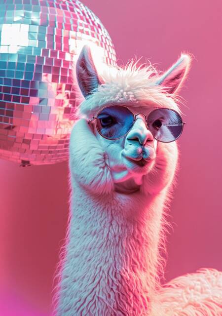 Funny Animal Wall Art Pink Party Llama Disco With Glasses - A4 A3 A2 Festival Merch