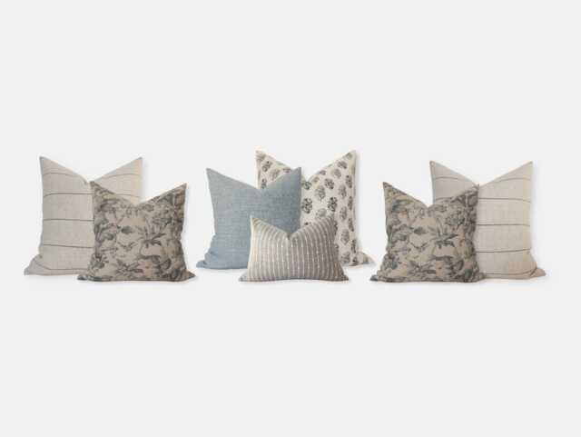 Neutral Stripe Throw Pillows, Floral Designer Livingroom Pillow Set Of 7, Light Brown Gray & Blue Sectional Combo -- Miles - image 1