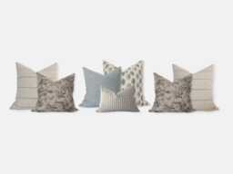 Neutral Stripe Throw Pillows, Floral Designer Livingroom Pillow Set Of 7, Light Brown Gray & Blue Sectional Combo -- Miles - thumbnail 1