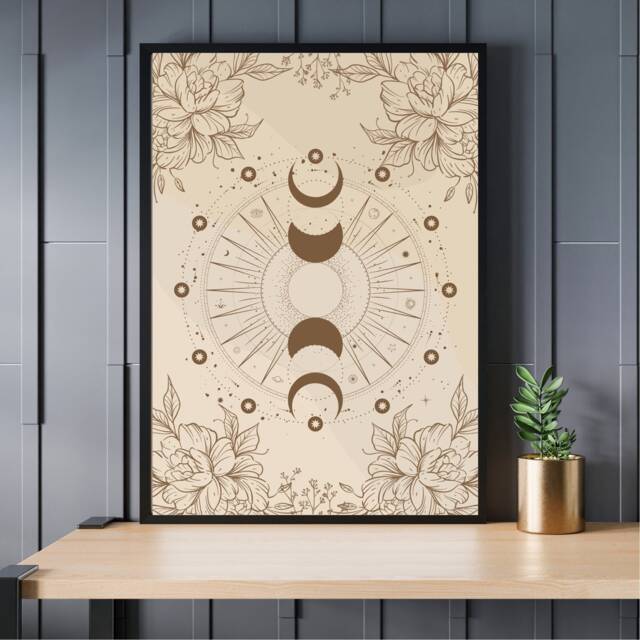 Moon Phase Lunar Print, Celestial Boho Poster, Sun & Moon, Bohemian Home Decor, Aesthetic Room, Astrology, Floral UK A5, A4, A3 - image 1