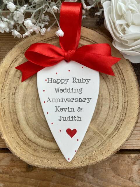 Personalised Ruby Wedding Anniversary Ceramic Heart Keepsake, Congratulations 40 Years Anniversary Gift, Hand Stamped Plaque Decoration - image 1