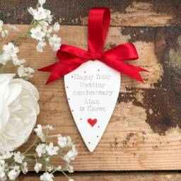 Personalised Ruby Wedding Anniversary Ceramic Heart Keepsake, Congratulations 40 Years Anniversary Gift, Hand Stamped Plaque Decoration - thumbnail 2