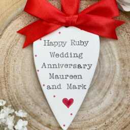 Personalised Ruby Wedding Anniversary Ceramic Heart Keepsake, Congratulations 40 Years Anniversary Gift, Hand Stamped Plaque Decoration - thumbnail 3