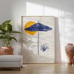 Minimalist Beach Umbrella Poster Print - Modern Coastal Wall Art, Abstract Summer Sun Illustration, Relaxing Ocean Home Decor - thumbnail 3