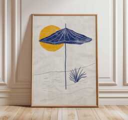 Minimalist Beach Umbrella Poster Print - Modern Coastal Wall Art, Abstract Summer Sun Illustration, Relaxing Ocean Home Decor - thumbnail 1
