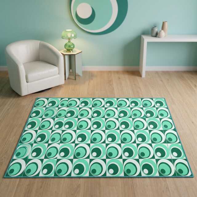 Mod Green Geometric Area Rug, Retro 60S Style Washable Living Room Mat - image 1