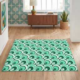 Mod Green Geometric Area Rug, Retro 60S Style Washable Living Room Mat - thumbnail 2