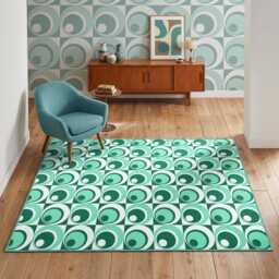 Mod Green Geometric Area Rug, Retro 60S Style Washable Living Room Mat - thumbnail 3