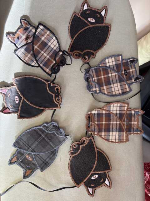 Fabric Embroidered Wall Hanging. Halloween Hanging Bats Decoration. Bunting - image 1