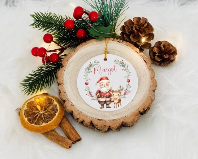 Personalised Santa & Reindeer Bauble, First Christmas 2025 - image 1