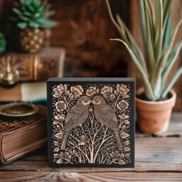 Lovebirds Engraved Birch Wood Panel - Block Print Style Woodland Wall Art, Forest Cabin Nature Decor, Farmhouse Couples Gift - thumbnail 2