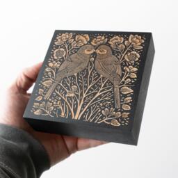 Lovebirds Engraved Birch Wood Panel - Block Print Style Woodland Wall Art, Forest Cabin Nature Decor, Farmhouse Couples Gift - thumbnail 1