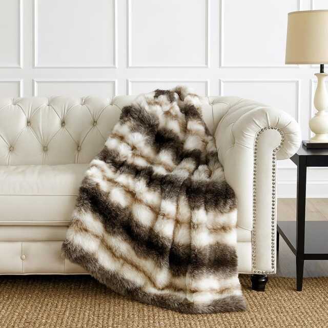 Italian Wolf Faux Fur Throw, Striped Plush Blanket - image 1