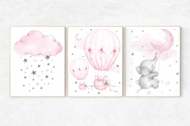 Pink Elephant Nursery Art Print Hot Air Balloon, Baby Girl Decor - image 1