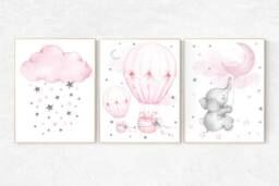 Pink Elephant Nursery Art Print Hot Air Balloon, Baby Girl Decor - thumbnail 1