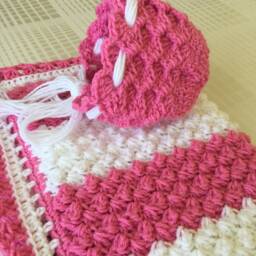 Handmade Crochet Baby Blanket & Hat Set, Rose White Acrylic, 0-3 Months - thumbnail 2
