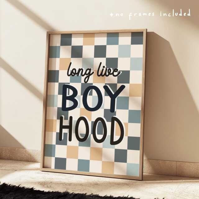 Long Live Boyhood Print in Navy, Blue & Beige, Checkered Pattern Boys Prints, Kids Retro Bedroom Playroom, Scandi Nursery Decor - image 1