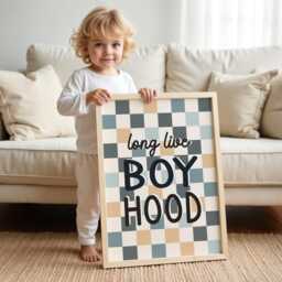 Long Live Boyhood Print in Navy, Blue & Beige, Checkered Pattern Boys Prints, Kids Retro Bedroom Playroom, Scandi Nursery Decor - thumbnail 2