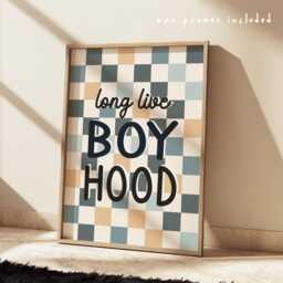 Long Live Boyhood Print in Navy, Blue & Beige, Checkered Pattern Boys Prints, Kids Retro Bedroom Playroom, Scandi Nursery Decor - thumbnail 1