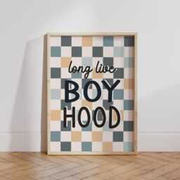 Long Live Boyhood Print in Navy, Blue & Beige, Checkered Pattern Boys Prints, Kids Retro Bedroom Playroom, Scandi Nursery Decor - thumbnail 3