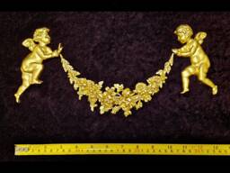 Large Ornate Applique Cherubs Floral Gilt White French Style Decorative Wall Furniture Onlay Moulding Pediment Plastic Decoration - thumbnail 1
