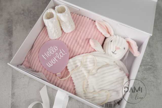 Personalised Baby Girl Gift Set Pink Blanket, White Bunny Comforter, Knitted Booties & Acrylic Balloon Plaque -Hello World - image 1
