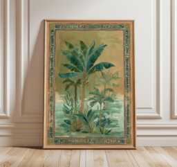 Tropical Banana Leaf Poster, Green Botanical Wall Art With Vintage Ethnic Border, Jungle Plant Print For Boho & Eclectic Interiors - thumbnail 1