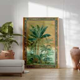 Tropical Banana Leaf Poster, Green Botanical Wall Art With Vintage Ethnic Border, Jungle Plant Print For Boho & Eclectic Interiors - thumbnail 3